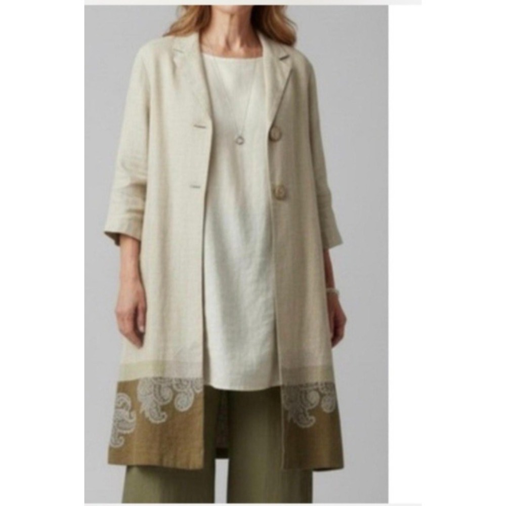 J Jill Duster Coat 100% Linen Embroidered Two Tone Jacket‎ Boho Womens Medium